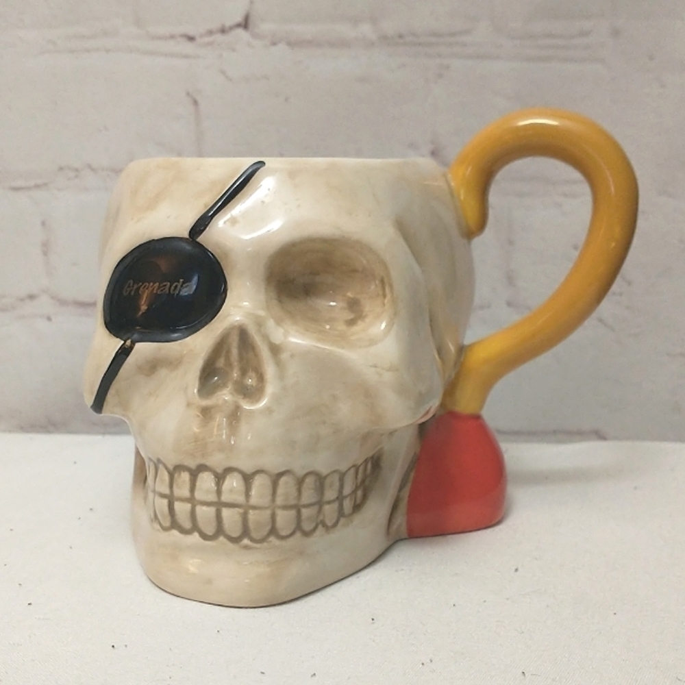 PIRATE Stein 3D  Skull Mug Grenada Eye Patch Hook Handled Ceramic Coffee Cup